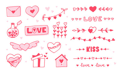 Set of hand drawn Love symbols and icons