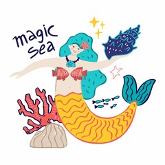 Cheerful mermaid with corals, starfish, lettering magic sea isolated on white. Banner concept about sea tales, a magical underwater world for postcards, posters, parties. Cartoon vector illustration