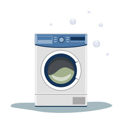 Washing machine with bubbles. Flat style vector .