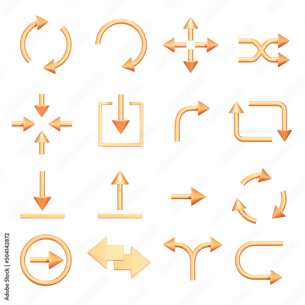 Poster Gold arrow set. Arrows of different shapes, a direction indicator. Symbol navigation. Isolated 3d object on a transparent background
