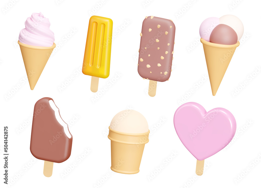 Poster ice cream set. different types of ice cream in various shapes. three-dimensional icons. isolated 3d 