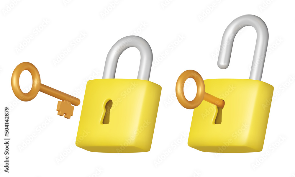 Poster metal key and a yellow lock. open the lock with the key. isolated 3d object on a transparent backgro