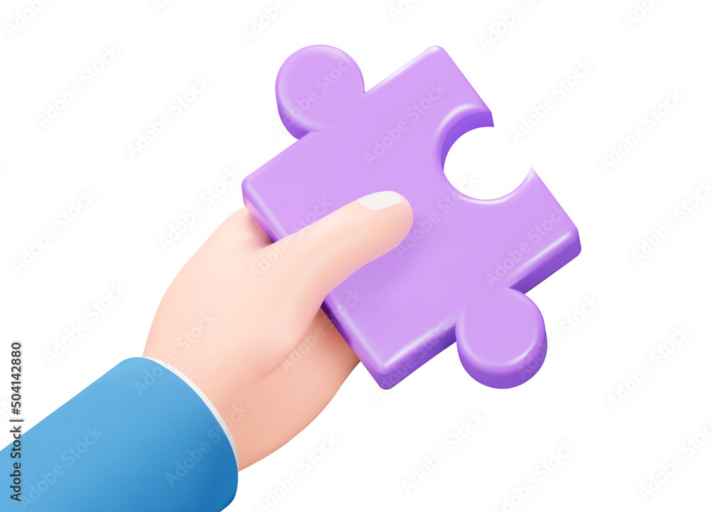Poster puzzle in hand. the missing puzzle. key part of solving a problem. isolated 3d object on a transpare