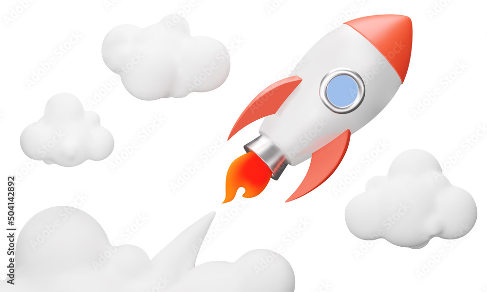Poster rocket taking off. clouds and smoke from a rocket taking off. isolated 3d object on a transparent ba