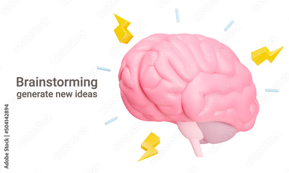 Poster brainstorming banner. the brain strains, lightning and rays. finding a creative idea, solving a prob