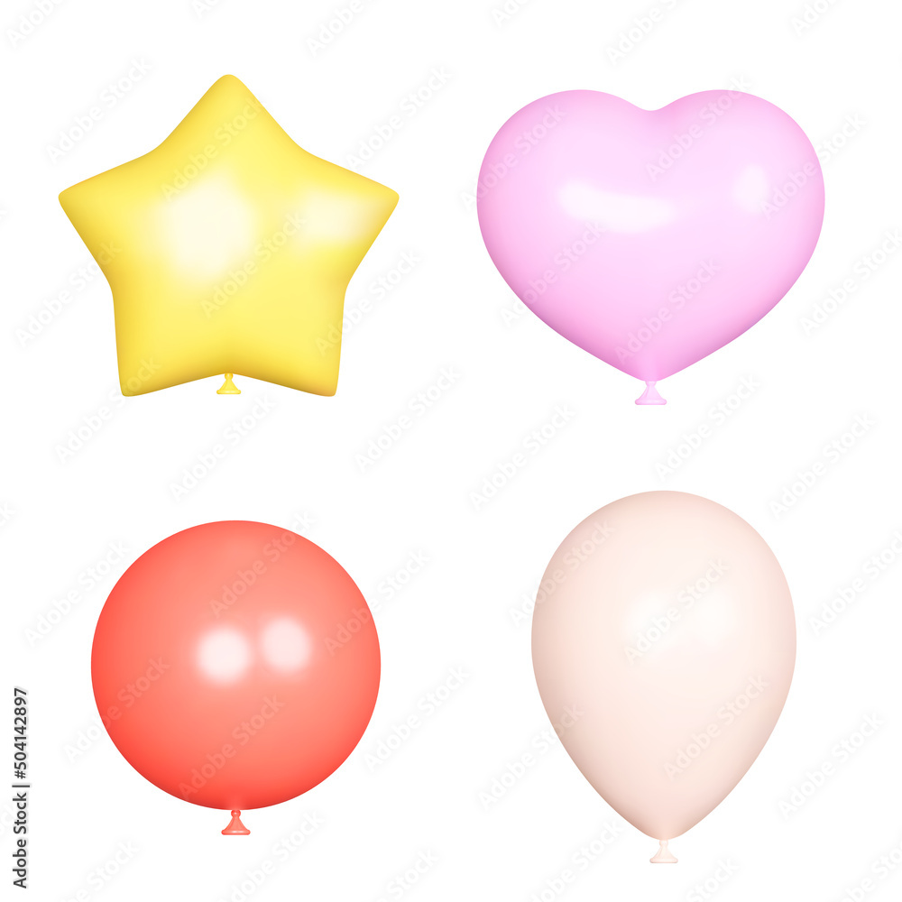Poster balloons of different shapes set. star, heart, balloon. isolated 3d objects on a transparent backgro