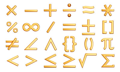 Math symbol icon set. Mathematical symbol for working with calculations. Isolated 3d gold icons, objects on a transparent background - obrazy, fototapety, plakaty