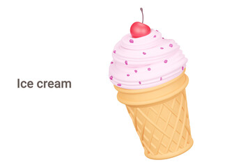 Ice cream. Waffle cup ice cream with cherries. Isolated 3d object on a transparent background