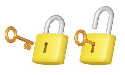 Metal key and a yellow lock. Open the lock with the key. Isolated 3d object on a transparent background © Mintoboru