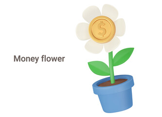 Money flower. Investment, grow a profit. profitable business. Isolated 3d object on a transparent background