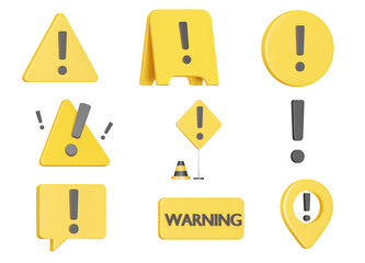 Warning sign set. Cautioning signs of various shapes. Isolated 3d object on a transparent background