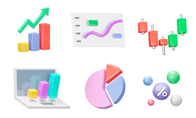Charts and graphs icon set. Graph and chart . Pie , Line , Candlestick Chart. Planning and visualization of statistics. Isolated 3d icons, objects on a transparent background