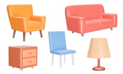 Furniture for the home icon set. Armchair, sofa, chair, floor lamp, nightstand. Isolated 3d icons, objects on a transparent background