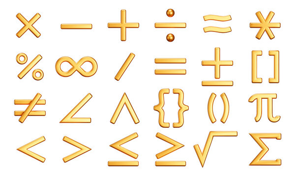 Math symbol icon set. Mathematical symbol for working with calculations. Isolated 3d gold icons, objects on a transparent background