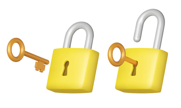 Metal key and a yellow lock. Open the lock with the key. Isolated 3d object on a transparent background