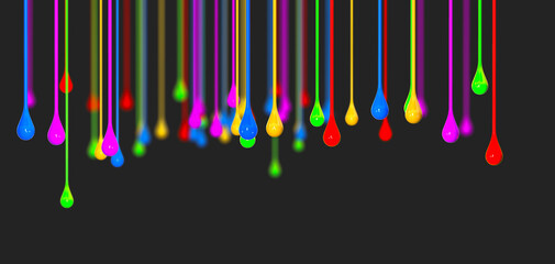 Drops of paint in different colors dripping and running down - 3d illustration