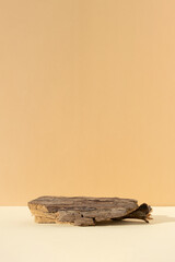 Abstract minimal tree bark scene. Natural wooden podium on beige background. Concept natural...