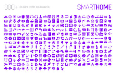 Collection of 300+ SMART HOME icons - BIG Set for control of lighting, heating, air conditioning, house automation, weather status and many more. Design Single File SVG/AI Vector illustration.