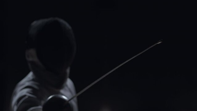 Professional male fencer takes a starting pose before the fight