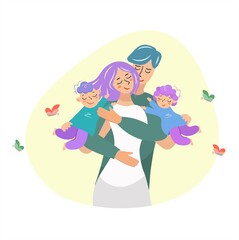 Happy young family, mother, son, daughter hugging. Father, mother and children. Design for a postcard, banner for a family day. The concept of family idyll, communication, love. Isolated flat vector