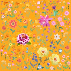 Seamless print for fabric with beautiful flowers, leaves, butterflies on a yellow-orange background in vector. Romantic floral pattern.