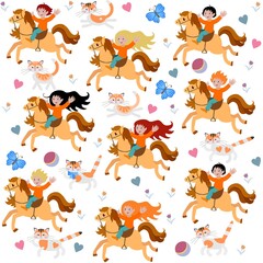 Wonderful seamless pattern for baby bedding with boys and girls riding small horses, cute cartoon cats, balls, hearts, flowers isolated on a white background. Vector illustration. Print for fabric.