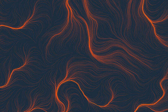 Abstract orange particles flow on dark background. Futuristic electro lines texture 3d illustration