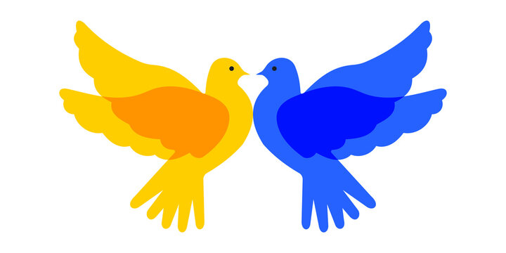 Peace dove yellow and blue. Birds in Ukraine flag colors isolated on white background. Cute print. Vector.