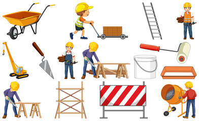 Set of construction site objects and workers