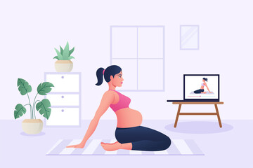 Obraz premium International Yoga Day, Online Yoga Classes Pregnant woman doing Yoga with laptop