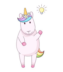Cute cartoon unicorn with light bulb. Getting an idea.