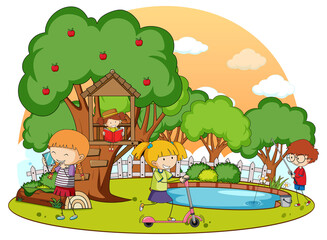 A simple tree house with kids in nature background