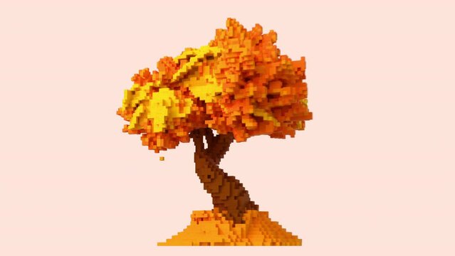 Transformation of a 3D pixel into a digital autumn tree. Seamless looped. NFT concept. 3D animation. 4k.
