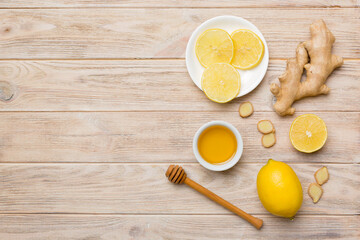Natural cold and flu home remedies. Natural ingredients for immunity stimulation and viruses protection. top view flat lay