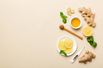 Natural cold and flu home remedies. Natural ingredients for immunity stimulation and viruses protection. top view flat lay
