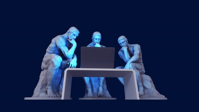 Three thinkers with a computer and one of them has a glowing light bulb above his head as a symbol of a new idea. 3D Animation. 3840x2160. 4K.