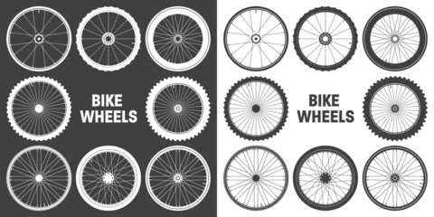White bicycle wheel symbols collection. Bike rubber tyre silhouettes. Fitness cycle, road and mountain bike. Vector illustration.