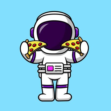 Cute Astronaut Holding Pizza Cartoon Vector Icon Illustration. People Food Icon Concept Isolated Premium Vector.