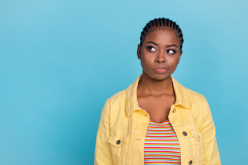 Portrait of attractive skeptic curious girl overthinking making decision copy space isolated over...