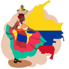 
A Colombian woman in a national costume and with a bowl of fruit on her head stands in front of a map and flag of the Republic of Colombia.