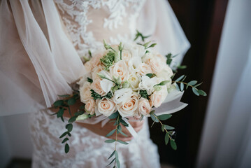 Asian bride with flower bouquet stock photo.