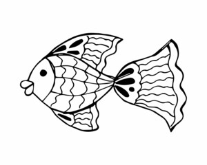 Hand drawn fish in doodle or sketch style, single element in black and white color