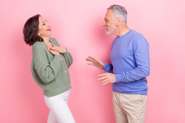 Profile portrait of funky cheerful partners communicate have fun laugh isolated on pink color background