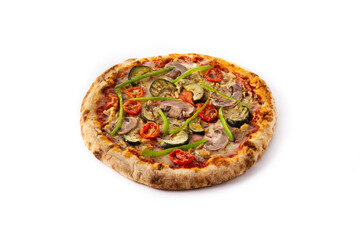 Vegetarian pizza with zucchini, tomato, peppers and mushrooms