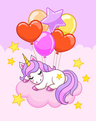 Little unicorn sleeping on cloud with balloons. Vector illustration © Jufirell