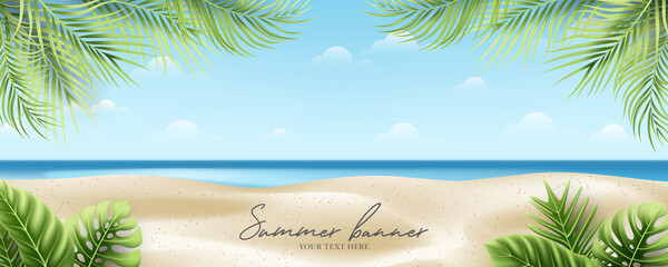 Fototapeta na wymiar Summer and vacation banner concept on beautiful tropical beach and foliage background