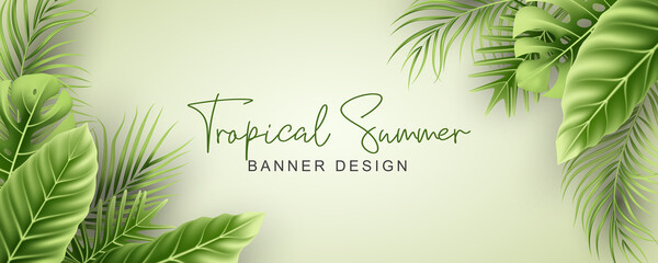 Fototapeta na wymiar Elegant summer banner with realistic tropical leaves