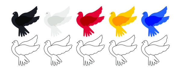 Dove of peace. Birds of different colors and black outline for coloring. Winged stencil isolated on white horizontal background. Vector.