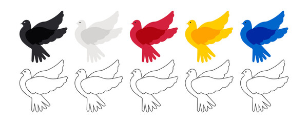 Dove of peace. Birds of different colors and black outline for coloring. Winged stencil isolated on white horizontal background. 