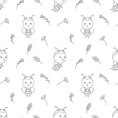 Bee with flowers on vector seamless pattern. Cute children character. Illustration for print, wallpaper, fabric.